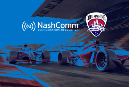 NashComm and Music City Grand Prix logo on posterized race cars on track.
