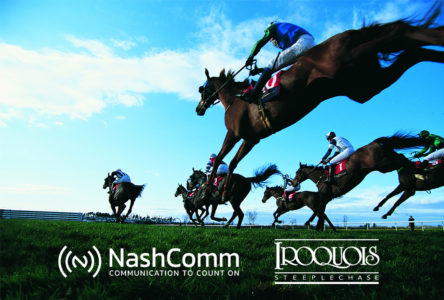NashComm and Iroquois Steeplechase logos on photo of jumping horses.